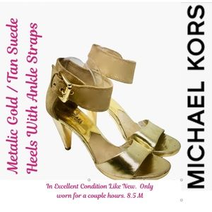 Michael Kors Metallic Gold & Tan Suede Heels with Wide Ankle Strap